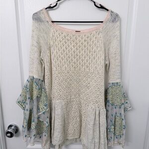 Free People Boho Sweater with Lace Sleeves